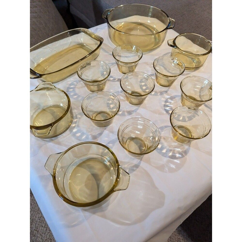 14 pc Vintage Forte Crisa Mexico Honey Amber Glass Baking Serving Dishes